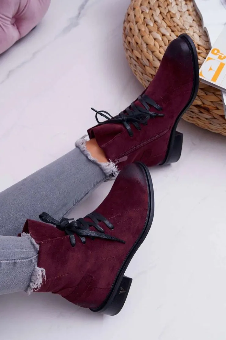 Buty damskie Vinceza Botki Sznurowane|Botki Zimowe Damskie*Botki Damskie Płaski Obcas Workery Bordowe Teref