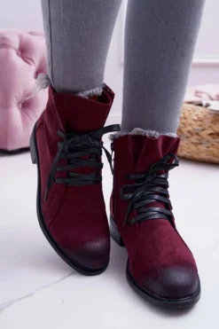 Buty damskie Vinceza Botki Sznurowane|Botki Zimowe Damskie*Botki Damskie Płaski Obcas Workery Bordowe Teref