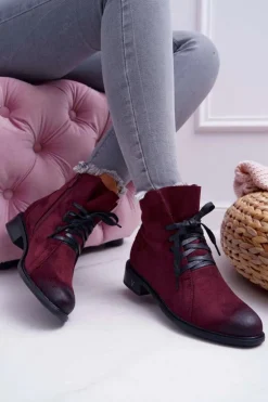 Buty damskie Vinceza Botki Sznurowane|Botki Zimowe Damskie*Botki Damskie Płaski Obcas Workery Bordowe Teref