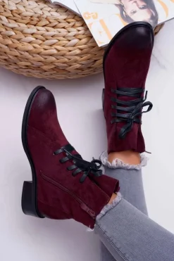 Buty damskie Vinceza Botki Sznurowane|Botki Zimowe Damskie*Botki Damskie Płaski Obcas Workery Bordowe Teref