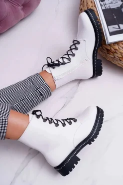 Damskie Boto Botki Damskie Płaski Obcas Wysokie Glany Białe Buena