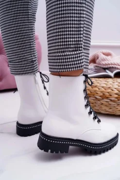 Damskie Boto Botki Damskie Płaski Obcas Wysokie Glany Białe Buena