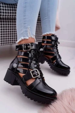 Sale Boto Botki Damskie Płaski Obcas Wiosenne Lakierowane Czarne Single