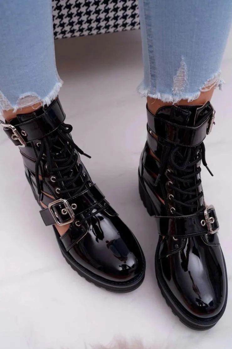 Sale Boto Botki Damskie Płaski Obcas Wiosenne Lakierowane Czarne Single