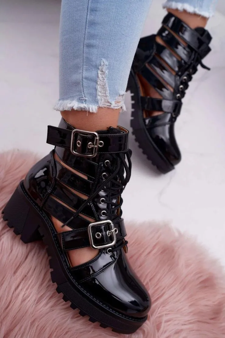 Sale Boto Botki Damskie Płaski Obcas Wiosenne Lakierowane Czarne Single