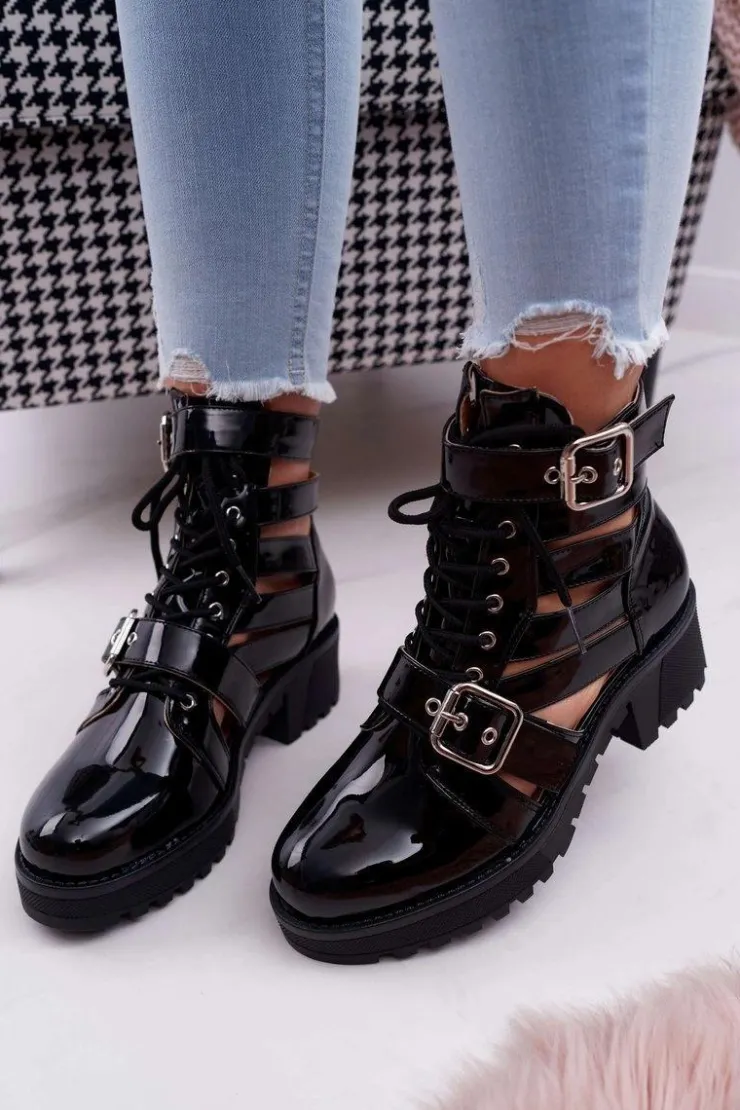 Sale Boto Botki Damskie Płaski Obcas Wiosenne Lakierowane Czarne Single