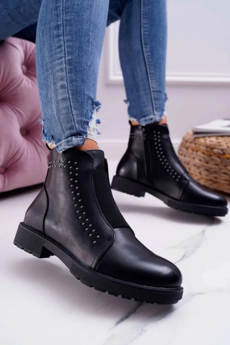 Buty Sergio Leone Botki Zimowe Damskie|Botki Płaskie*Botki Damskie Płaski Obcas Nity Czarne Sergio Leone BT519