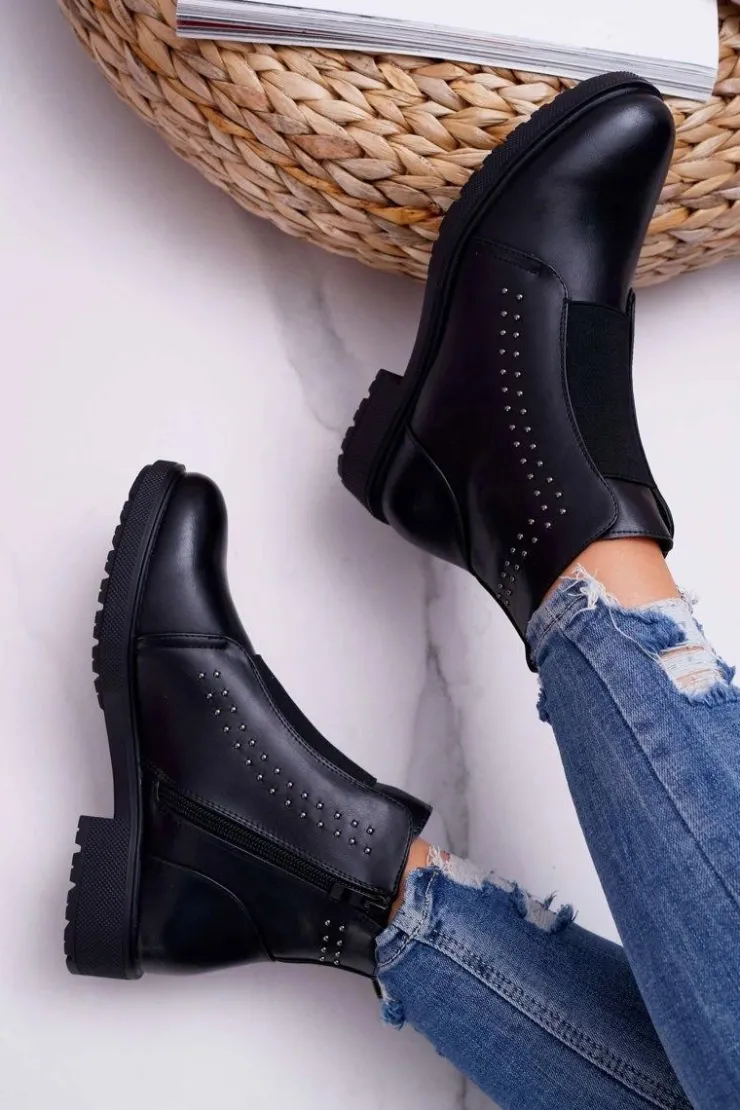 Buty Sergio Leone Botki Zimowe Damskie|Botki Płaskie*Botki Damskie Płaski Obcas Nity Czarne Sergio Leone BT519