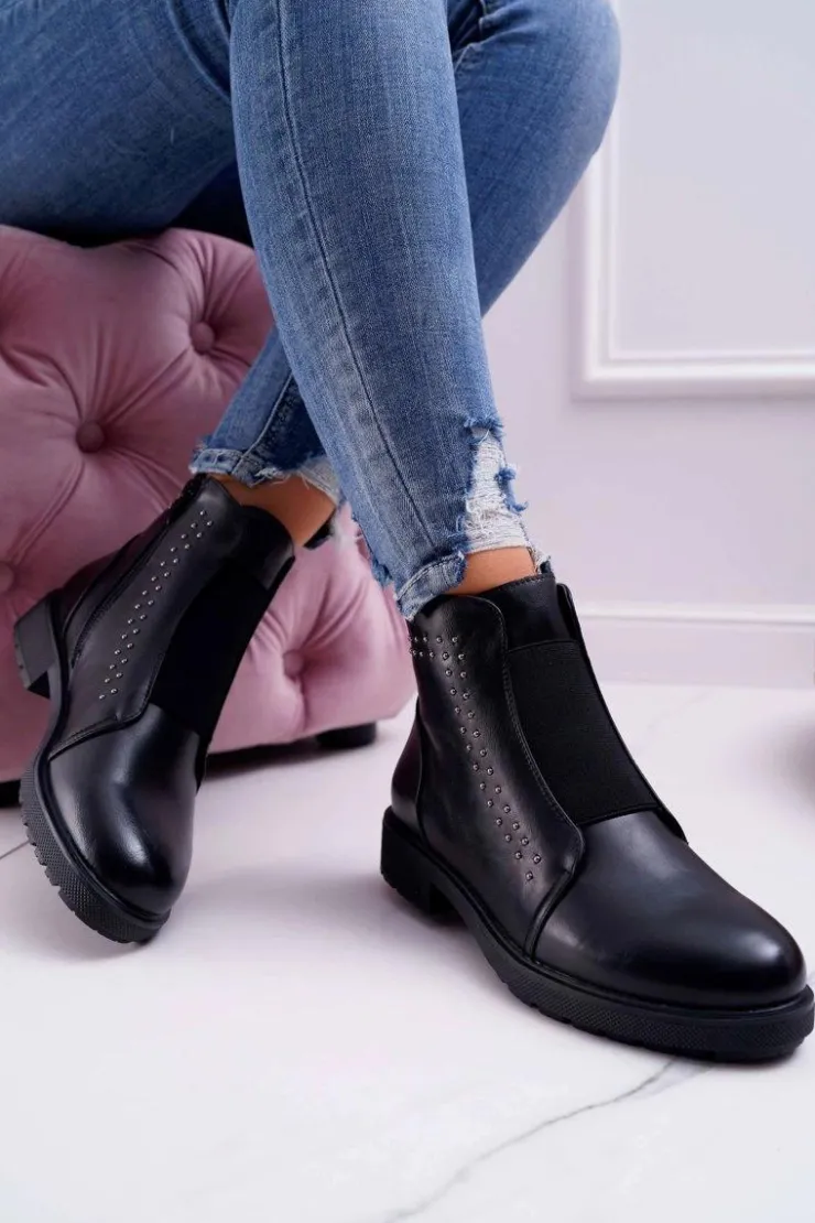 Buty Sergio Leone Botki Zimowe Damskie|Botki Płaskie*Botki Damskie Płaski Obcas Nity Czarne Sergio Leone BT519