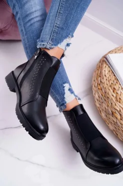 Buty Sergio Leone Botki Zimowe Damskie|Botki Płaskie*Botki Damskie Płaski Obcas Nity Czarne Sergio Leone BT519