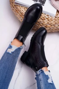 Buty Sergio Leone Botki Zimowe Damskie|Botki Płaskie*Botki Damskie Płaski Obcas Nity Czarne Sergio Leone BT519