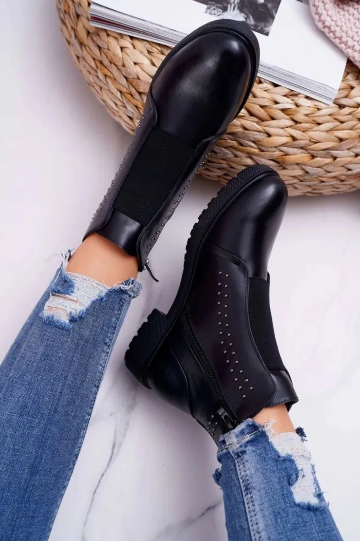 Buty Sergio Leone Botki Zimowe Damskie|Botki Płaskie*Botki Damskie Płaski Obcas Nity Czarne Sergio Leone BT519