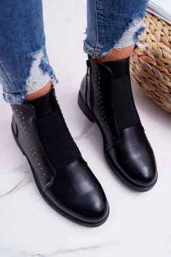 Buty Sergio Leone Botki Zimowe Damskie|Botki Płaskie*Botki Damskie Płaski Obcas Nity Czarne Sergio Leone BT519