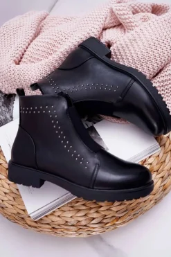 Buty Sergio Leone Botki Zimowe Damskie|Botki Płaskie*Botki Damskie Płaski Obcas Nity Czarne Sergio Leone BT519