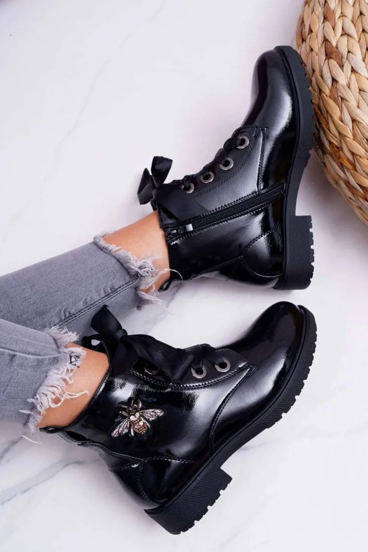 Buty Sergio Leone Botki Sznurowane|Botki Zimowe Damskie*Botki Damskie Płaski Obcas Glany Lakierowane Czarne Sergio Leone BT530