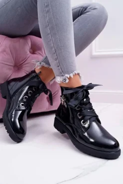 Buty Sergio Leone Botki Sznurowane|Botki Zimowe Damskie*Botki Damskie Płaski Obcas Glany Lakierowane Czarne Sergio Leone BT530