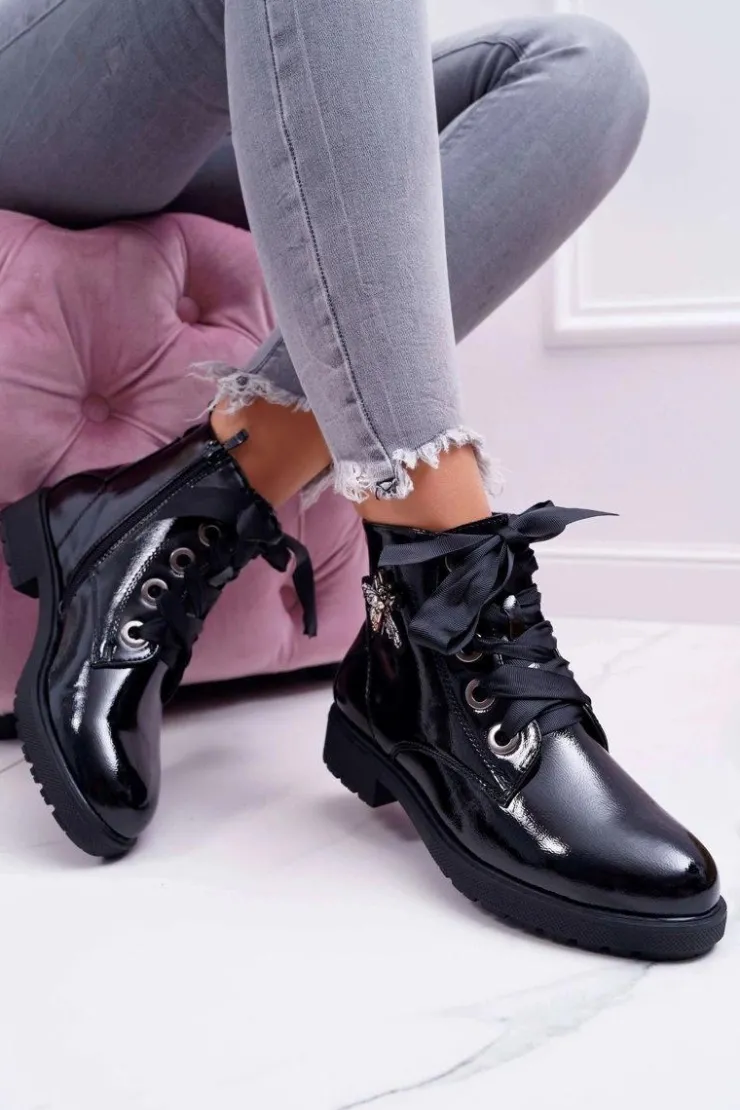 Buty Sergio Leone Botki Sznurowane|Botki Zimowe Damskie*Botki Damskie Płaski Obcas Glany Lakierowane Czarne Sergio Leone BT530