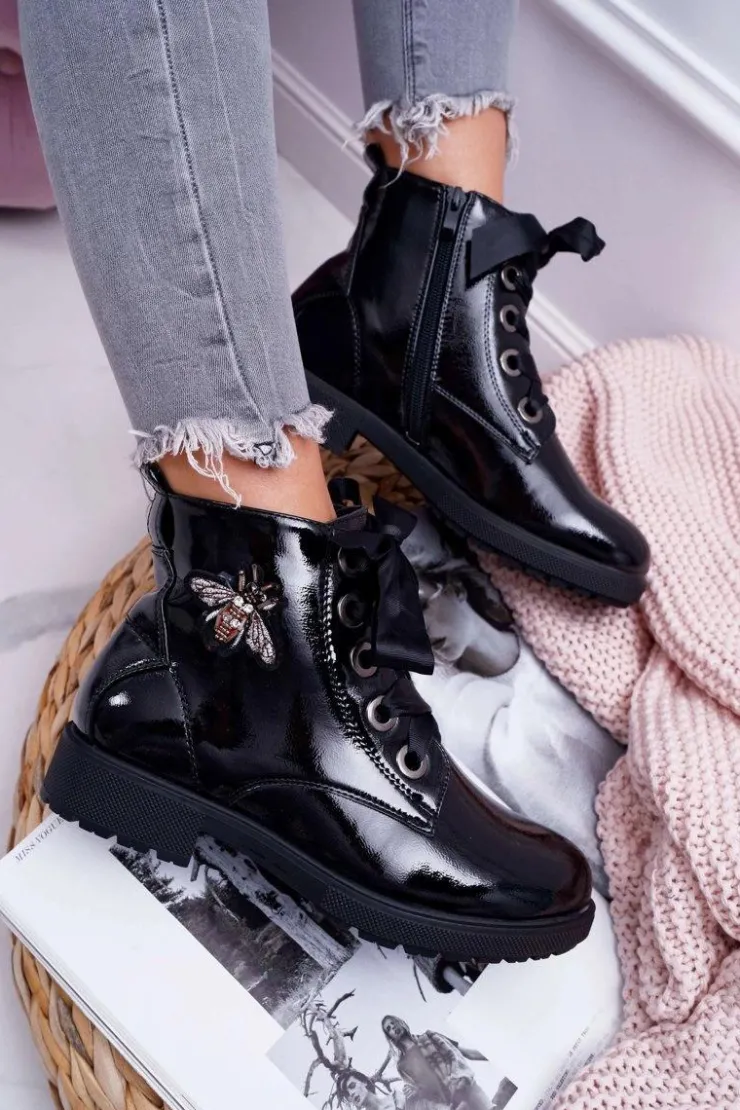 Buty Sergio Leone Botki Sznurowane|Botki Zimowe Damskie*Botki Damskie Płaski Obcas Glany Lakierowane Czarne Sergio Leone BT530