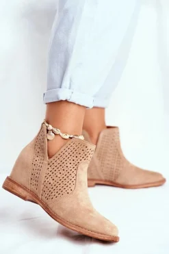 Hot Boto Botki Damskie Płaski Obcas Zamszowe Ażurowe Beżowe Shades