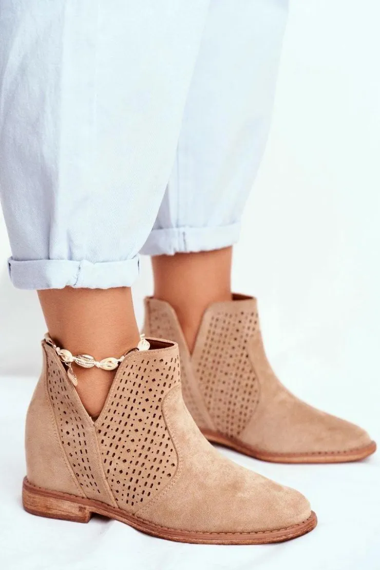 Hot Boto Botki Damskie Płaski Obcas Zamszowe Ażurowe Beżowe Shades