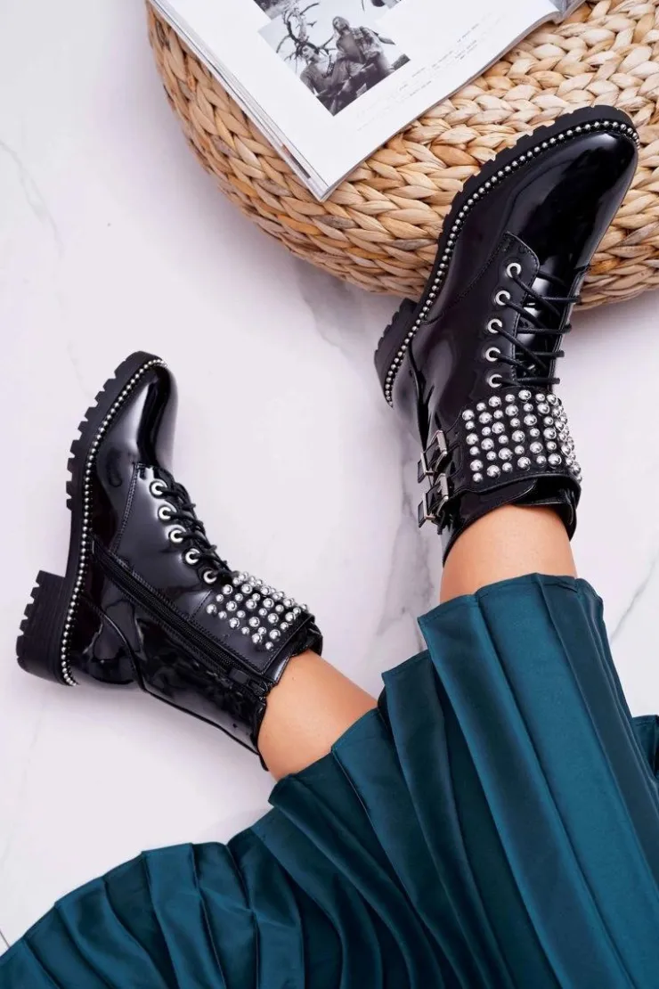 Best Boto Botki Damskie Płaski Obcas Militarne Lakierowane Czarne Bemmer