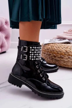 Best Boto Botki Damskie Płaski Obcas Militarne Lakierowane Czarne Bemmer