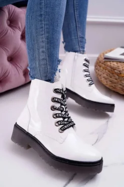 Sale Buty Sergio Leone Botki Damskie Płaski Obcas Glany Lakierowane Białe Sergio Leone TR726