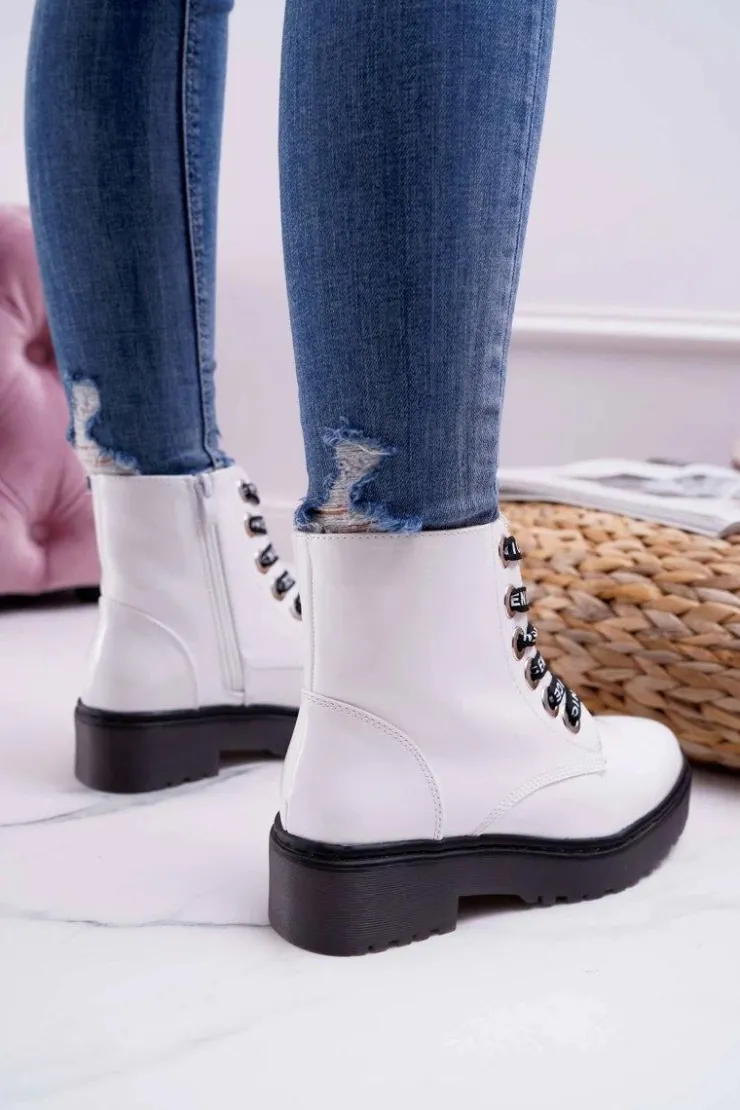 Sale Buty Sergio Leone Botki Damskie Płaski Obcas Glany Lakierowane Białe Sergio Leone TR726