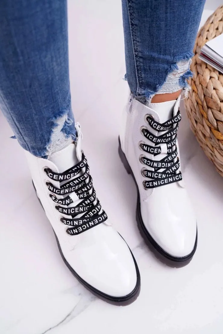 Sale Buty Sergio Leone Botki Damskie Płaski Obcas Glany Lakierowane Białe Sergio Leone TR726