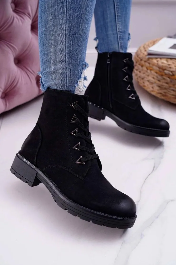 Buty Sergio Leone Botki Sznurowane|Botki Zimowe Damskie*Botki Damskie Płaski Obcas Nubuk Czarne Sergio Leone TR718