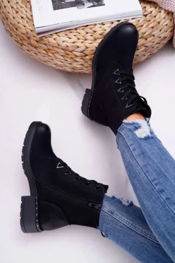 Buty Sergio Leone Botki Sznurowane|Botki Zimowe Damskie*Botki Damskie Płaski Obcas Nubuk Czarne Sergio Leone TR718