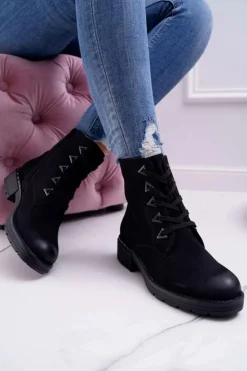 Buty Sergio Leone Botki Sznurowane|Botki Zimowe Damskie*Botki Damskie Płaski Obcas Nubuk Czarne Sergio Leone TR718