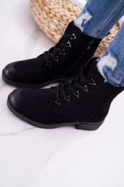 Buty Sergio Leone Botki Sznurowane|Botki Zimowe Damskie*Botki Damskie Płaski Obcas Nubuk Czarne Sergio Leone TR718