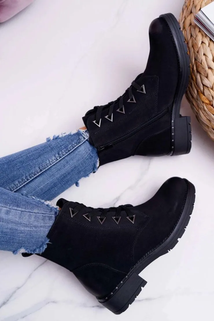 Buty Sergio Leone Botki Sznurowane|Botki Zimowe Damskie*Botki Damskie Płaski Obcas Nubuk Czarne Sergio Leone TR718