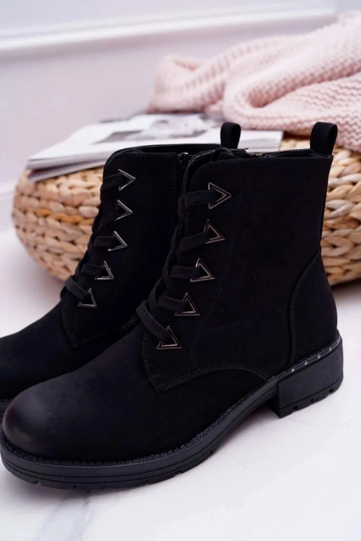 Buty Sergio Leone Botki Sznurowane|Botki Zimowe Damskie*Botki Damskie Płaski Obcas Nubuk Czarne Sergio Leone TR718