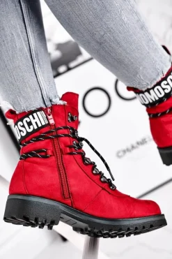 Clearance Evento Botki Damskie Płaski Obcas Na Suwak Czerwone Popsi