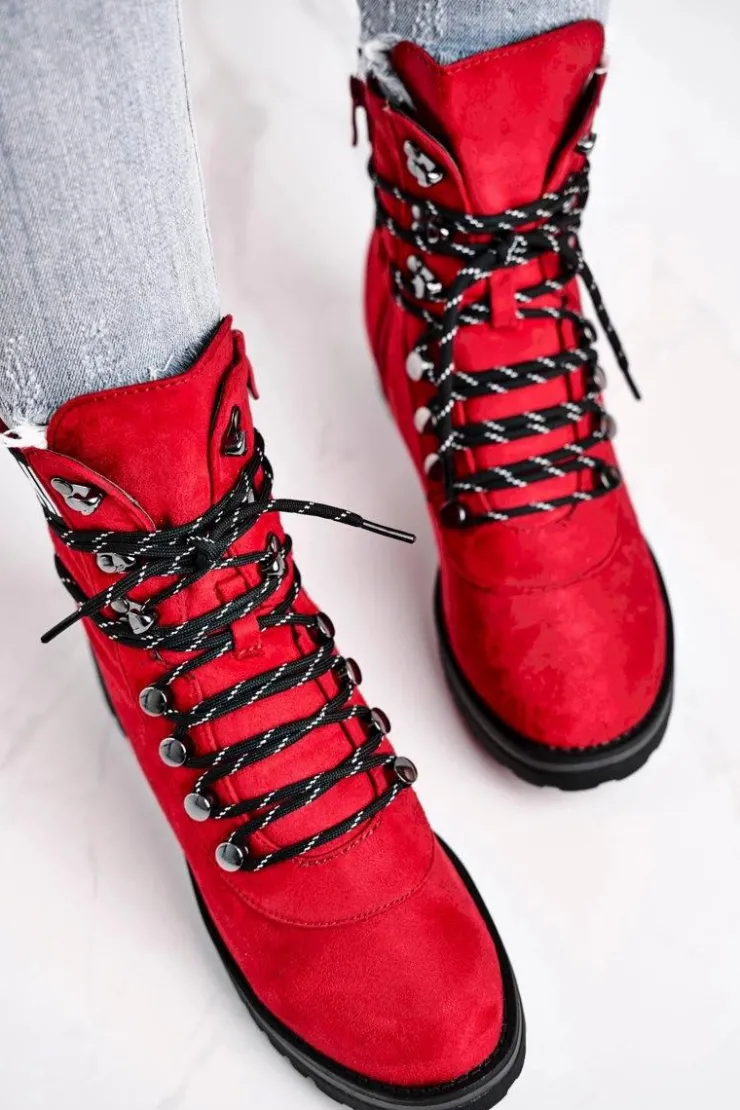 Clearance Evento Botki Damskie Płaski Obcas Na Suwak Czerwone Popsi