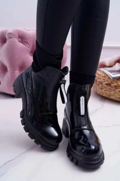 Boto Botki Damskie Płaski Obcas Czarne Emelia