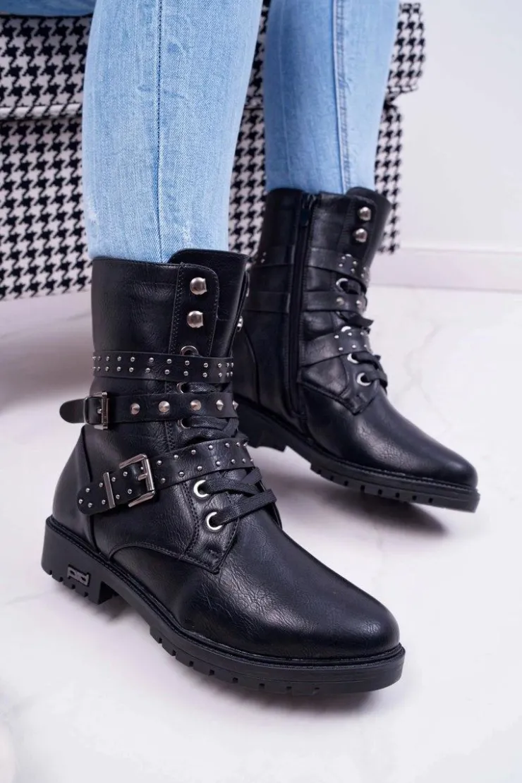 Damskie Boto Botki Damskie Płaski Obcas Wysokie Czarne Emenbar