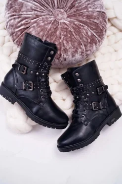 Damskie Boto Botki Damskie Płaski Obcas Wysokie Czarne Emenbar