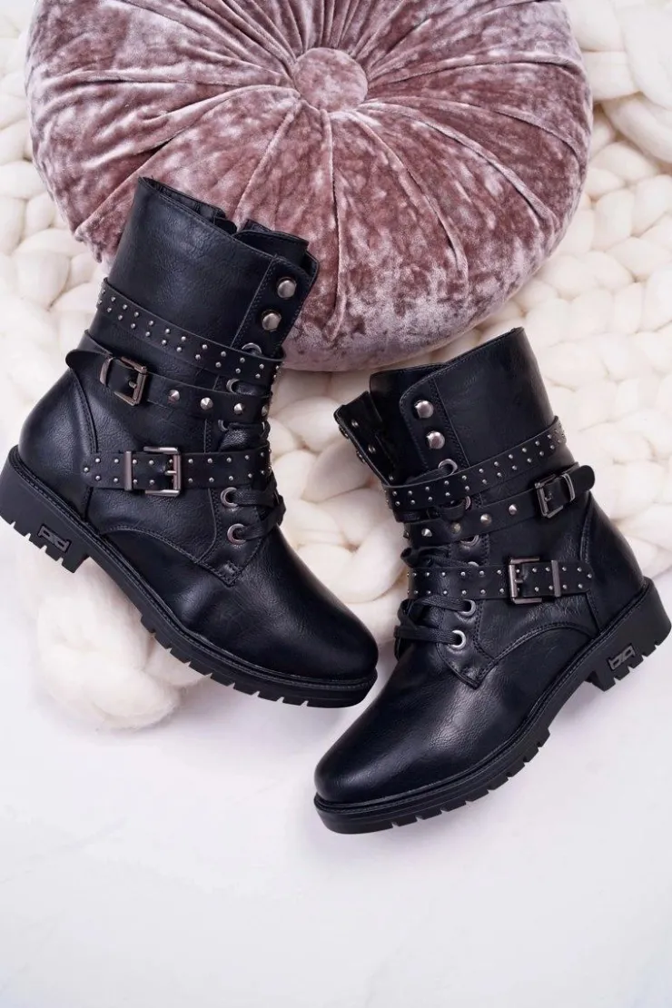 Damskie Boto Botki Damskie Płaski Obcas Wysokie Czarne Emenbar