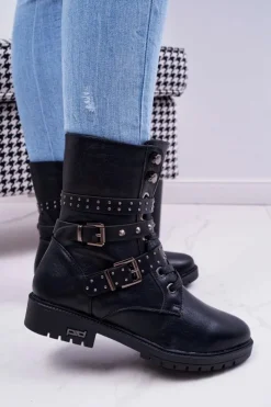 Damskie Boto Botki Damskie Płaski Obcas Wysokie Czarne Emenbar