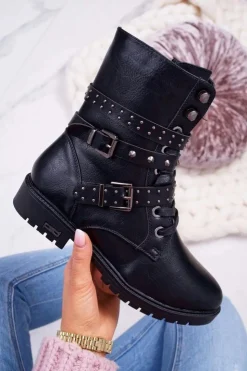 Damskie Boto Botki Damskie Płaski Obcas Wysokie Czarne Emenbar