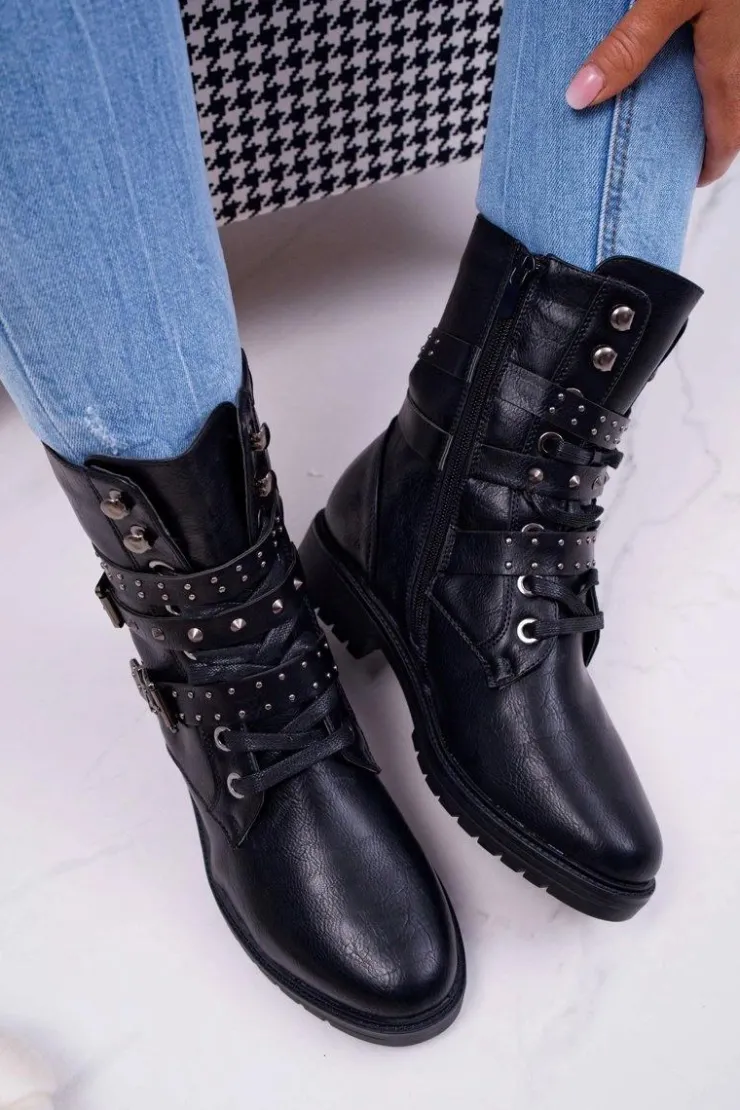 Damskie Boto Botki Damskie Płaski Obcas Wysokie Czarne Emenbar