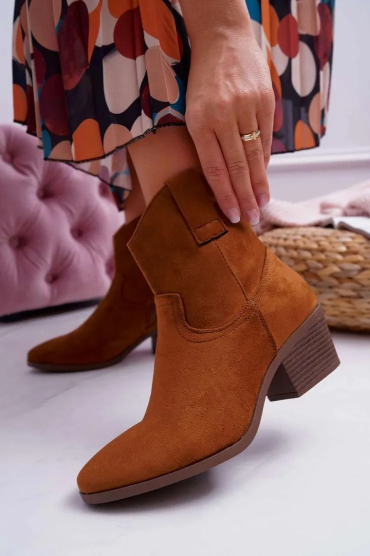 Boto Botki Zimowe Damskie|Brązowe I Beżowe Botki*Botki Damskie Płaski Obcas Kowbojki Camel Telifa