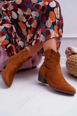 Boto Botki Zimowe Damskie|Brązowe I Beżowe Botki*Botki Damskie Płaski Obcas Kowbojki Camel Telifa