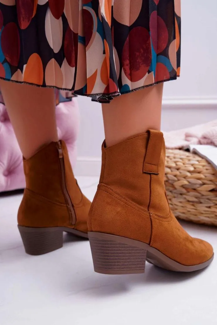 Boto Botki Zimowe Damskie|Brązowe I Beżowe Botki*Botki Damskie Płaski Obcas Kowbojki Camel Telifa