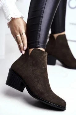 Damskie buty S.Barski Botki Na Słupku|Czarne Botki*Botki Damskie Płaski Obcas Ocieplane Jesienne Khaki Milky