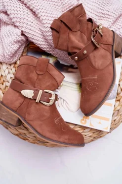 Boto Brązowe I Beżowe Botki|Botki Zamszowe*Botki Damskie Płaski Obcas Kowbojki z Klamrą Camel Ewella