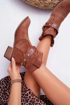 Boto Brązowe I Beżowe Botki|Botki Zamszowe*Botki Damskie Płaski Obcas Kowbojki z Klamrą Camel Ewella